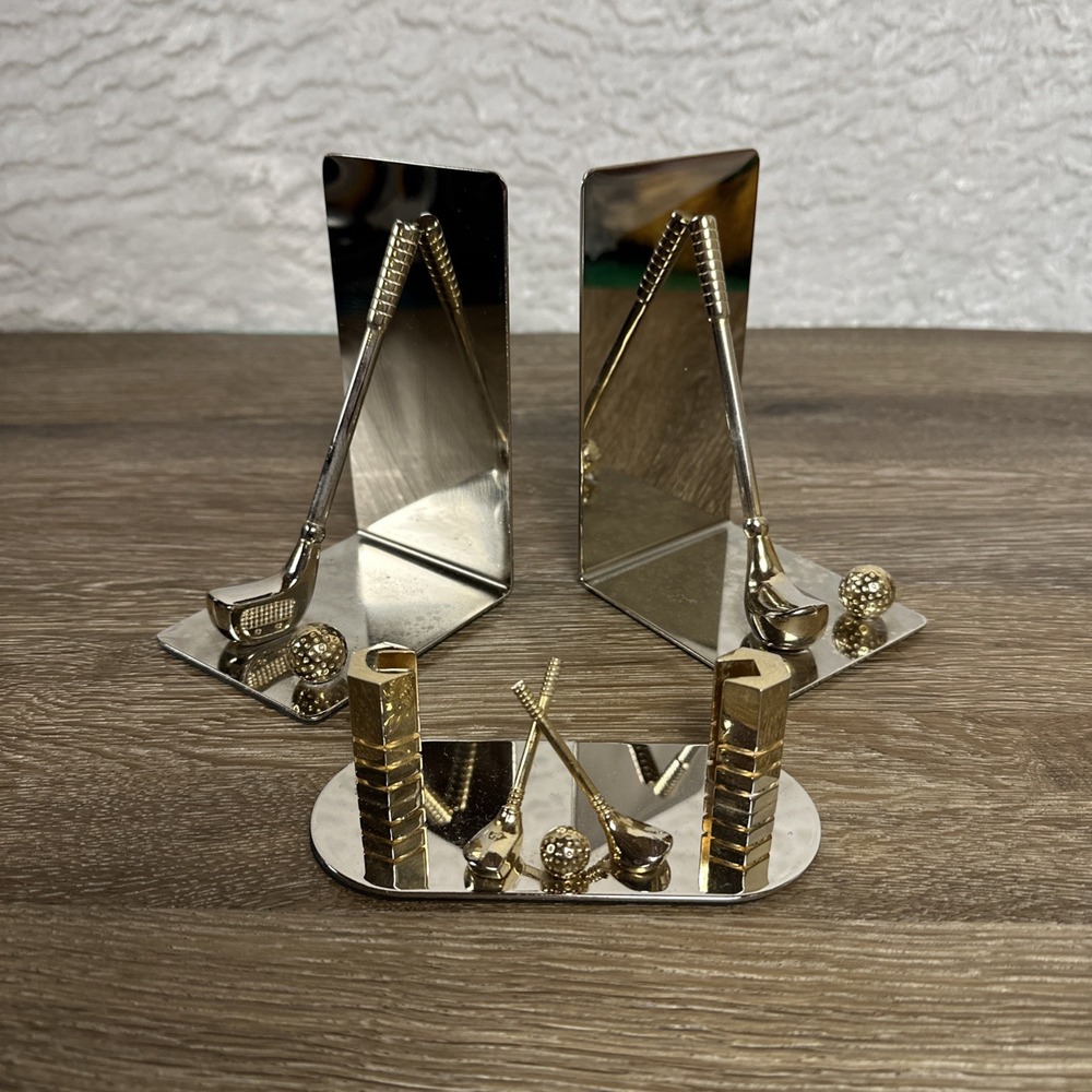 Vintage Golf Desk Set Bookends Pen Holder Metal Golf Club Ball Office Decor Gift